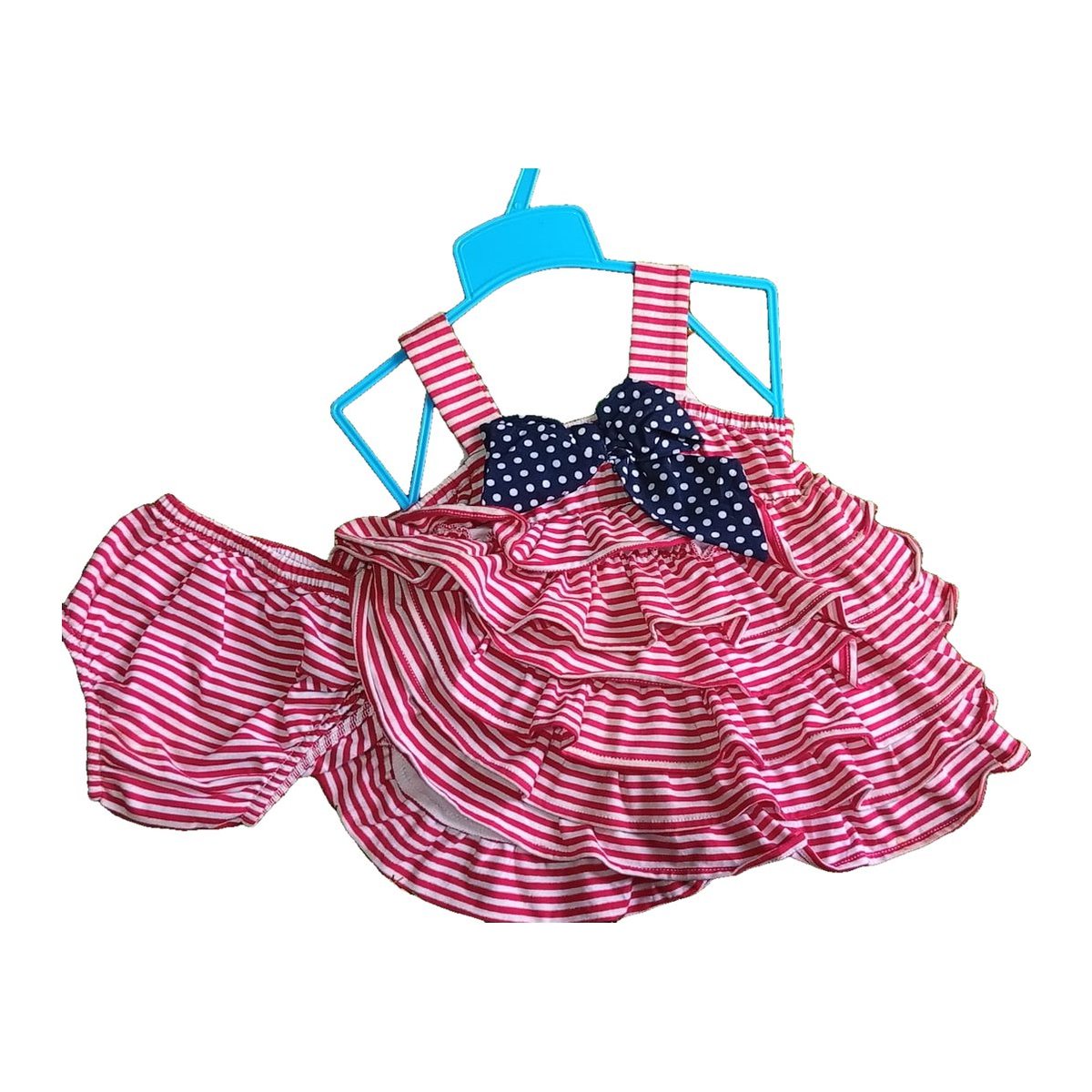 Girls' Pink Striped Ruffle Dress with Polka Dot Bow
