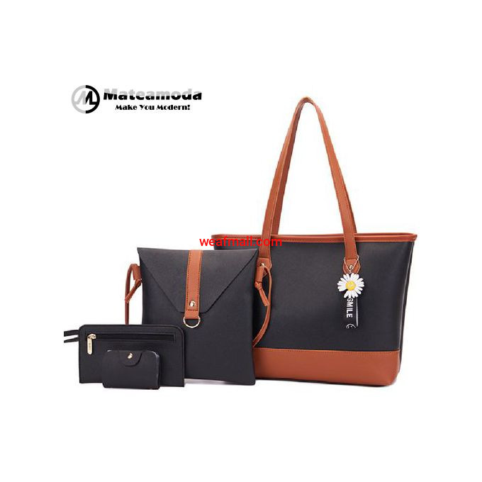 Mateamoda 4PCS Women Handbag Set Black DS310 | Ladies Tote Bag, Shoulder Bag, Crossbody Purse & Wallet | Fashion PU Leather Bags for Women
