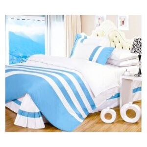 Classic 6*6 Cotton Striped Bundle – 1 Duvet Cover with 1 BedSheet and 2 Pilow cases – White, Blue