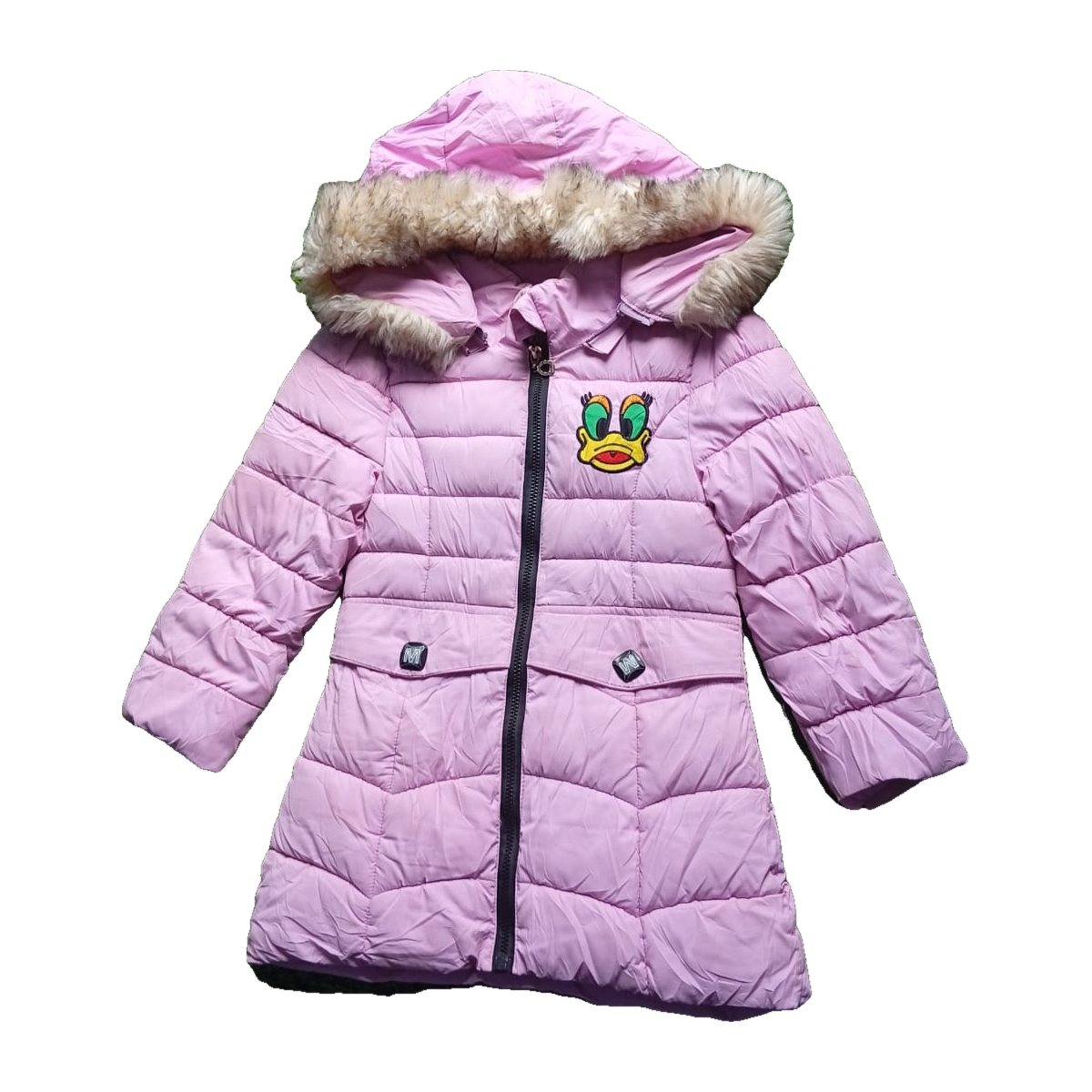 Girls' Pink Padded Coat with Fur Trim Hood