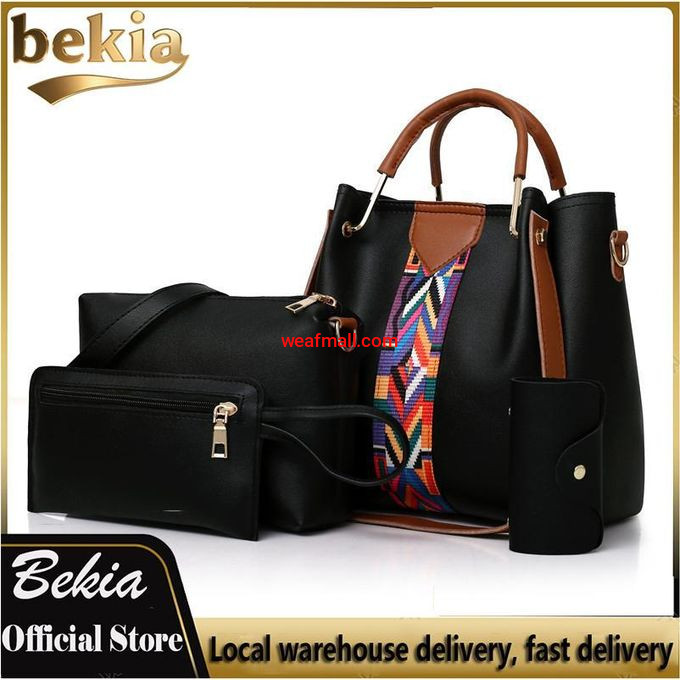 Bekia 4in1 Handbag Set for Women Black Tote Bag Messenger Bag Wallet Card Holder PU Leather Luxury Ladies Shoulder Crossbody Bags NS Ribbon
