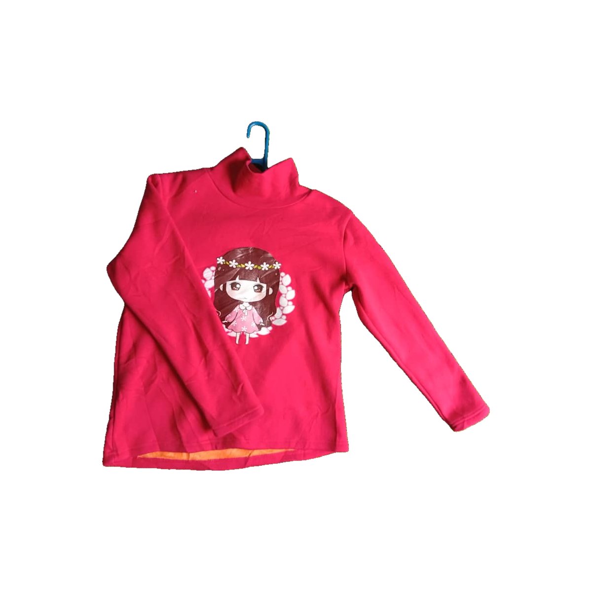 Girls' Red Fleece Turtleneck Top with Doll Print