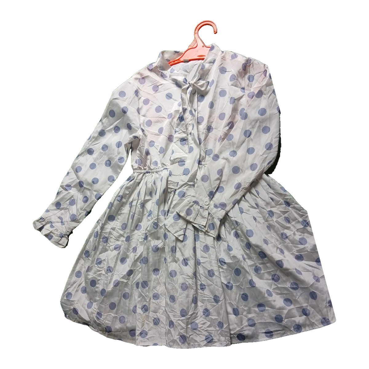 Girls' Ivory Polka Dot Long Sleeve Dress with Neck Bow