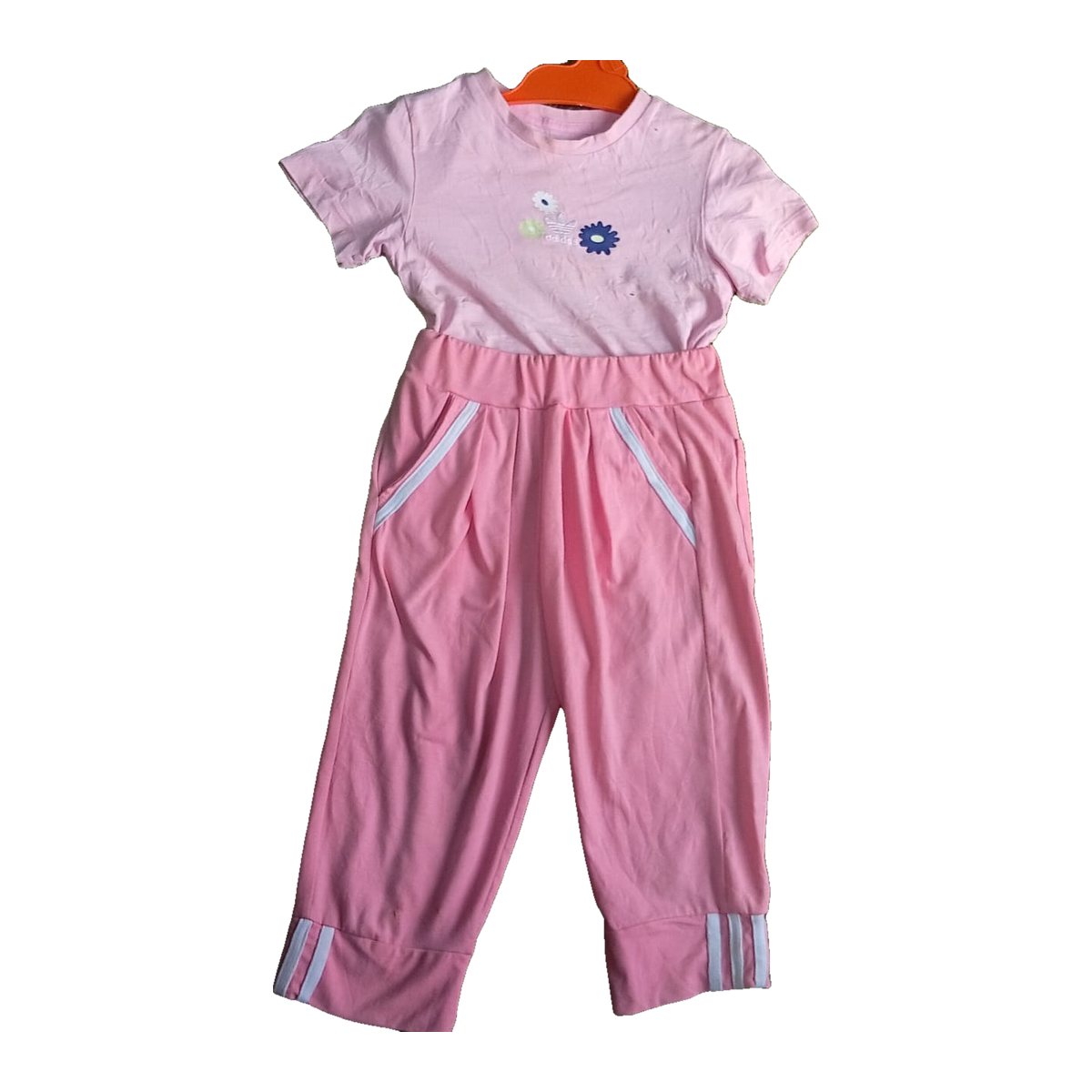 Girls' Pink T-Shirt and Tracksuit Trouser Set with Flower Motifs